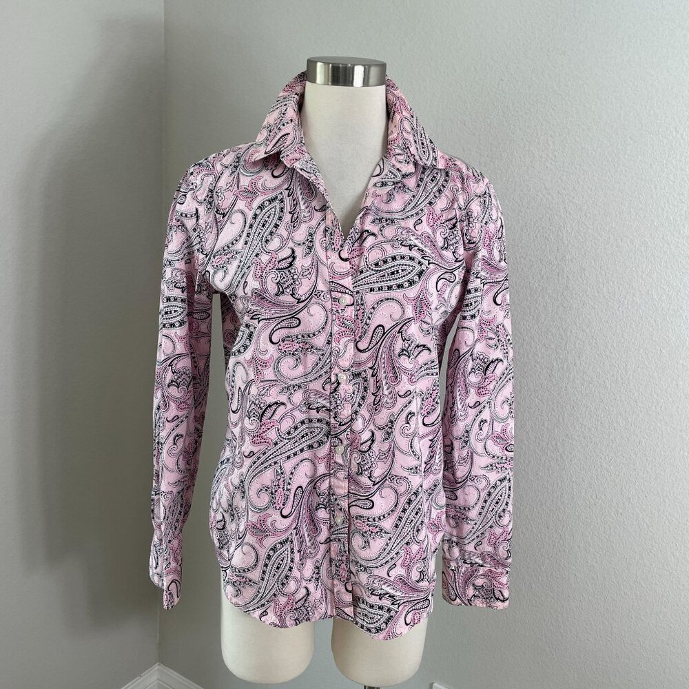 Chaps Classics Womens Medium Pink Paisley Button Up‎ Cotton Shirt Long Sleeve